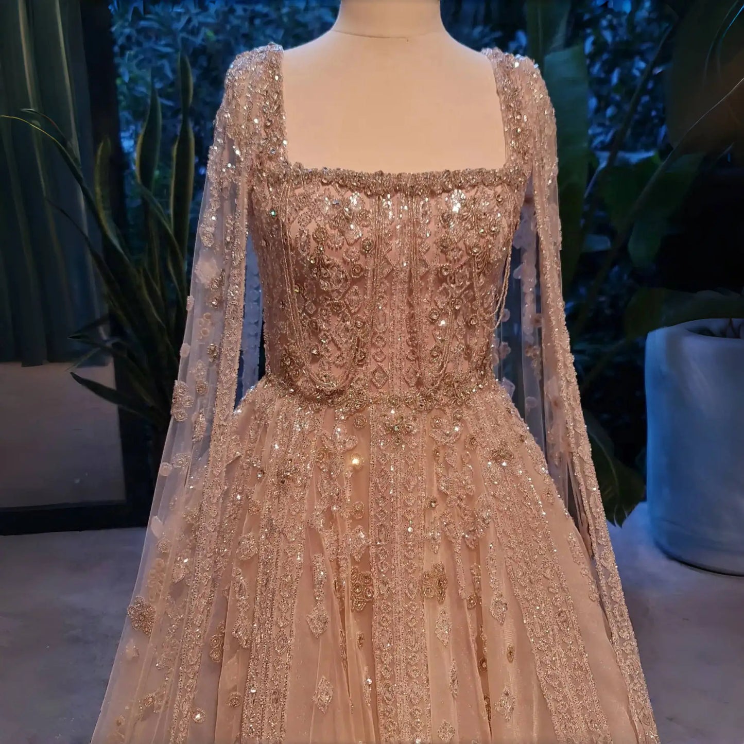 Blue Nude Arabic Evening Gown with Cape Sleeves and Wine Red Choker — Riviera Couture GCC Luxury Evening Gown