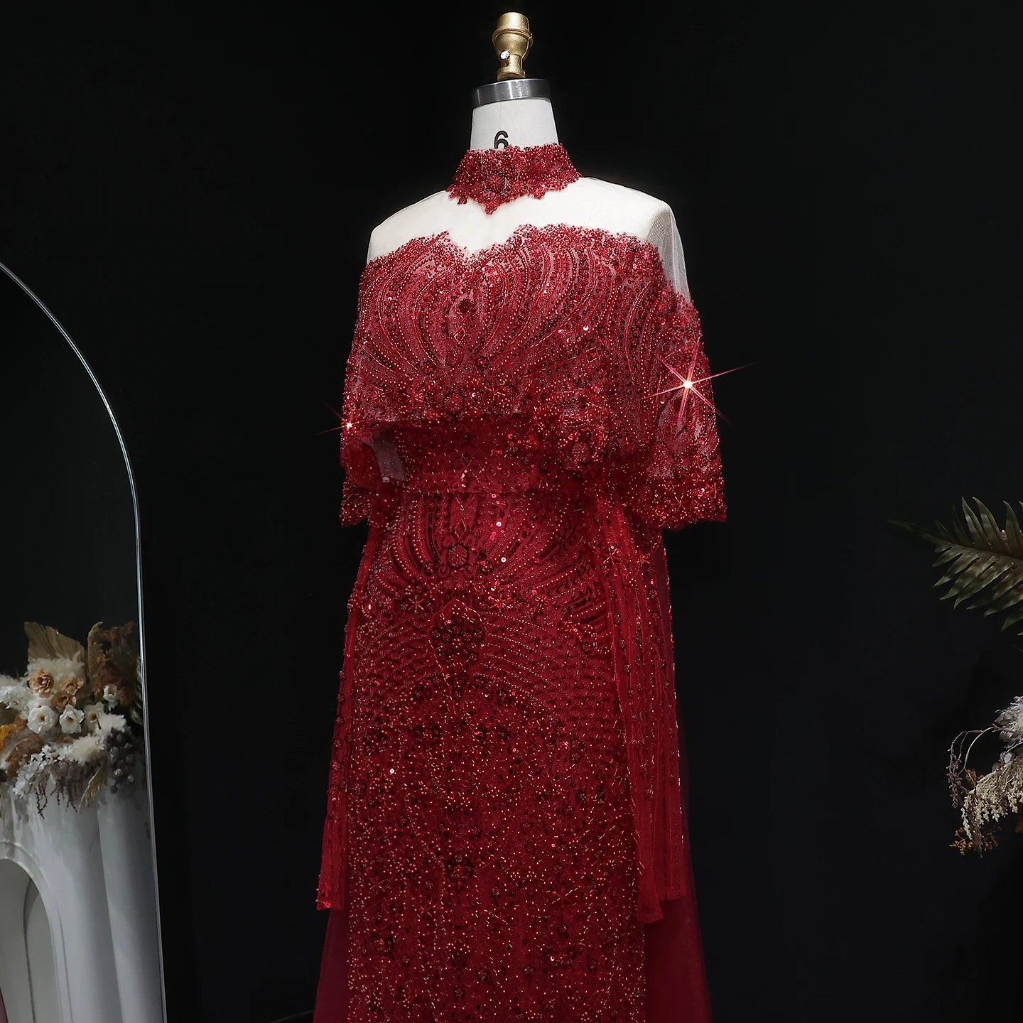 Gray Gray Dubai Evening Gown with Cape — Long Sleeve Detachable Overskirt — Riviera Couture GCC Luxury Evening Gown
