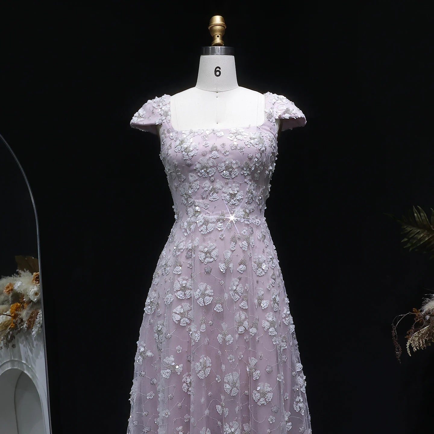Light Pink Floral Evening Gown — Square Neck Open Back GCC Wedding — Riviera Couture GCC Luxury Evening Gown
