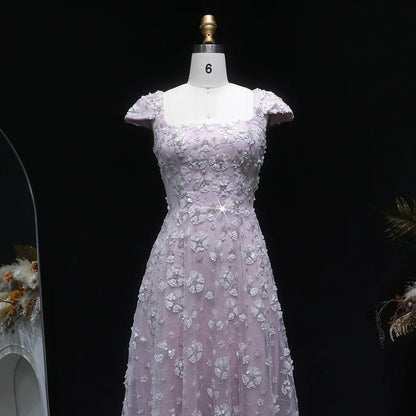 Light Pink Floral Evening Gown — Square Neck Open Back GCC Wedding — Riviera Couture GCC Luxury Evening Gown