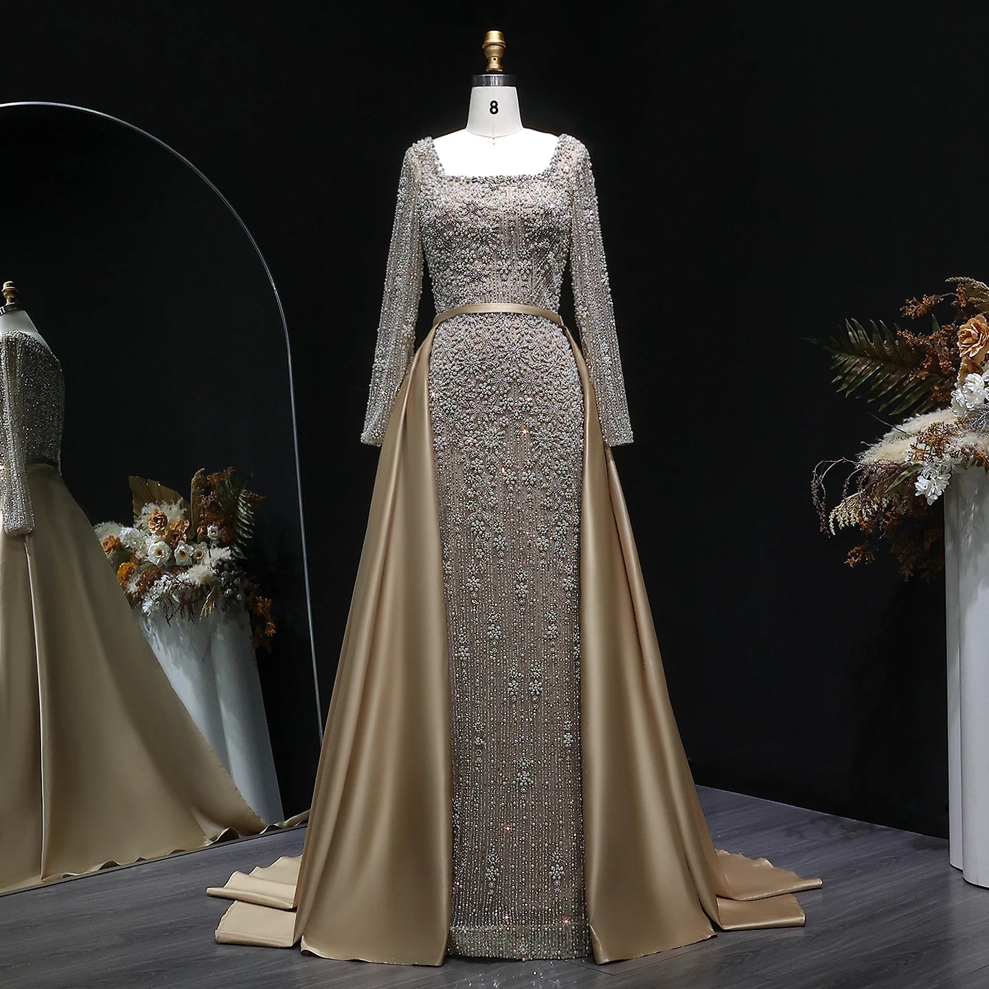 Green Beaded Long Sleeve Mermaid Evening Gown with Overskirt — Arabic — Riviera Couture GCC Luxury Evening Gown