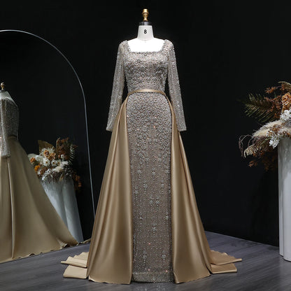 Green Beaded Long Sleeve Mermaid Evening Gown with Overskirt — Arabic — Riviera Couture GCC Luxury Evening Gown