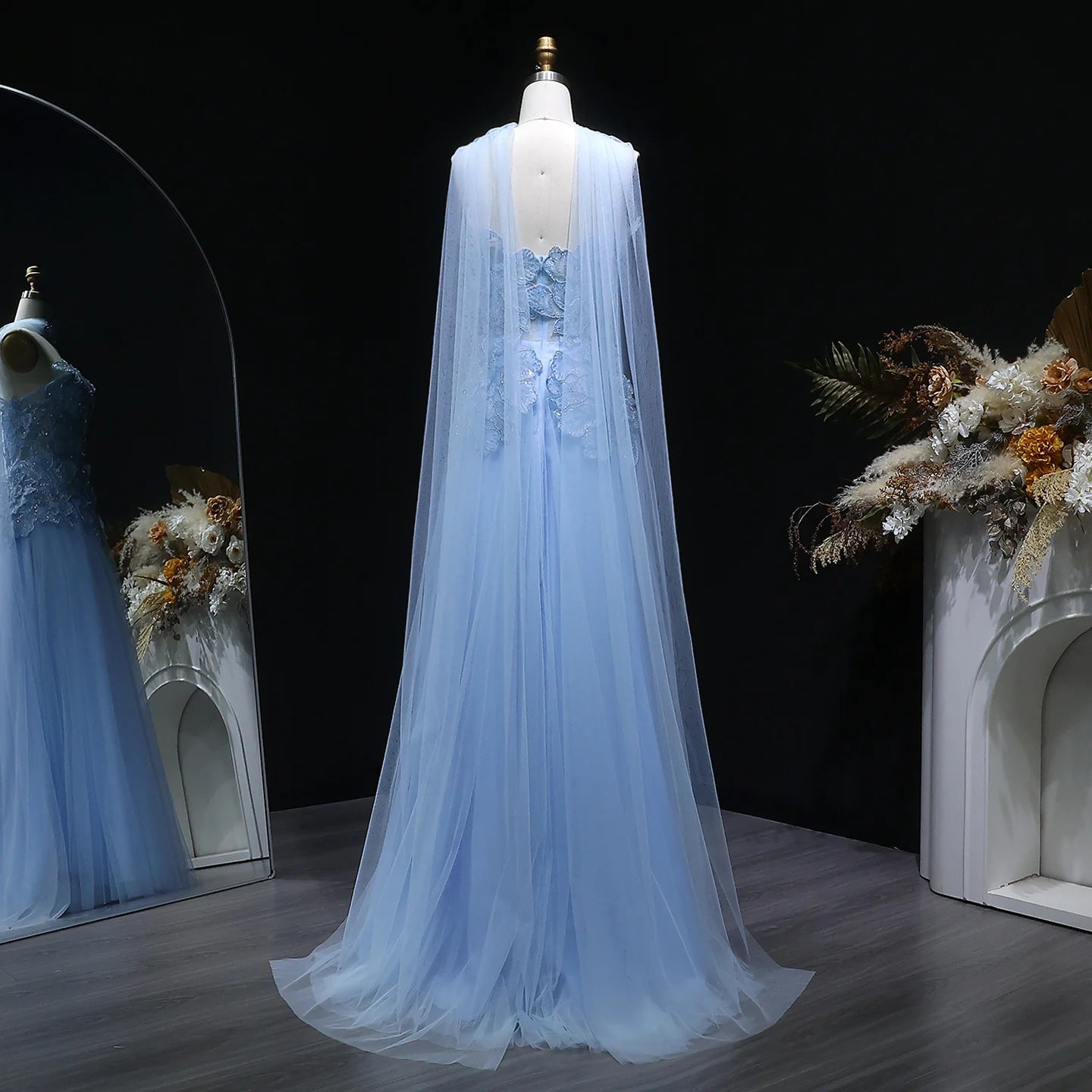 A-Line Evening Gown with Scarf — Appliqué Beaded GCC Formal — Riviera Couture GCC Luxury Evening Gown