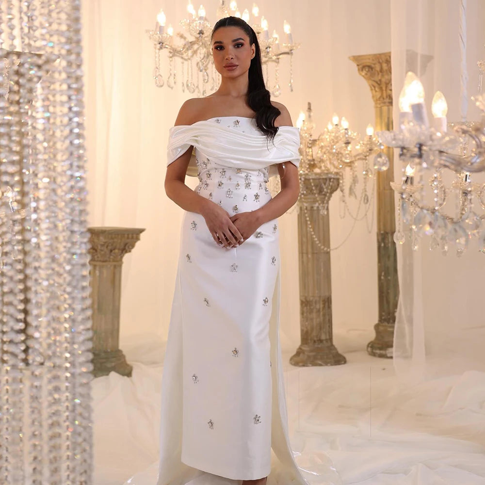 Blue Blue Satin Off-Shoulder Evening Gown with Crystal Overskirt — Midi — Riviera Couture GCC Luxury Evening Gown