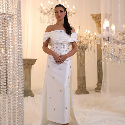 Blue Blue Satin Off-Shoulder Evening Gown with Crystal Overskirt — Midi — Riviera Couture GCC Luxury Evening Gown