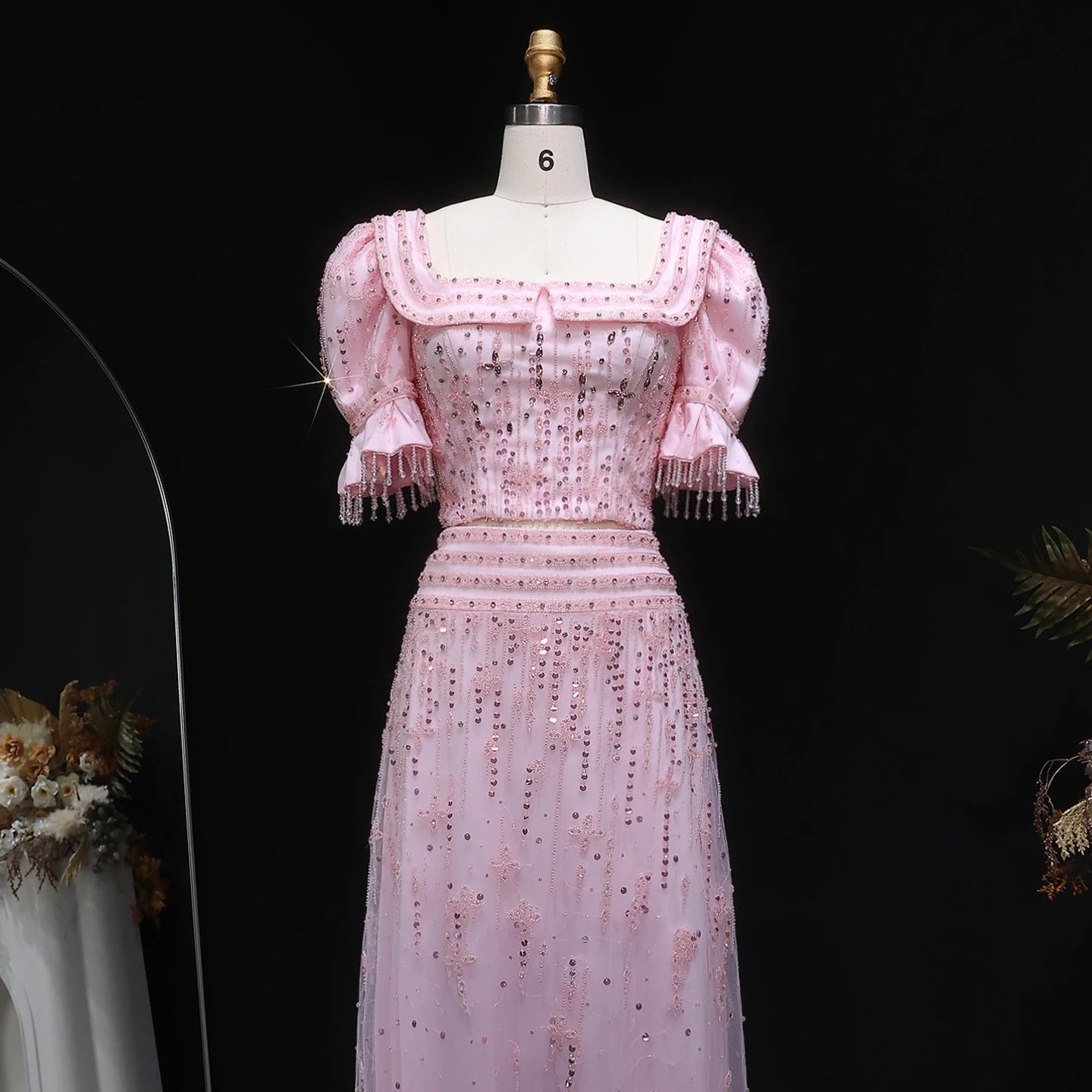 Pink Pink Two-Piece Evening Gown — Short Sleeve Square Collar Arabic — Riviera Couture GCC Luxury Evening Gown