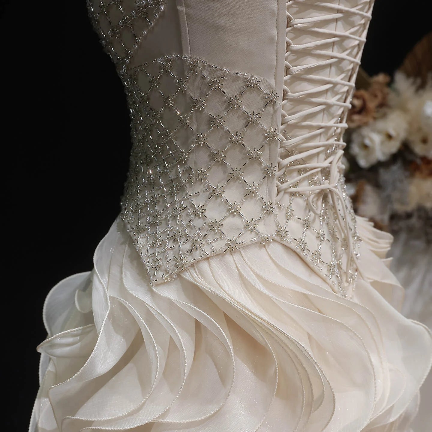 Beige Tiered Ruffle Evening Gown — Beaded Pearl GCC Luxury Formal — Riviera Couture GCC Luxury Evening Gown