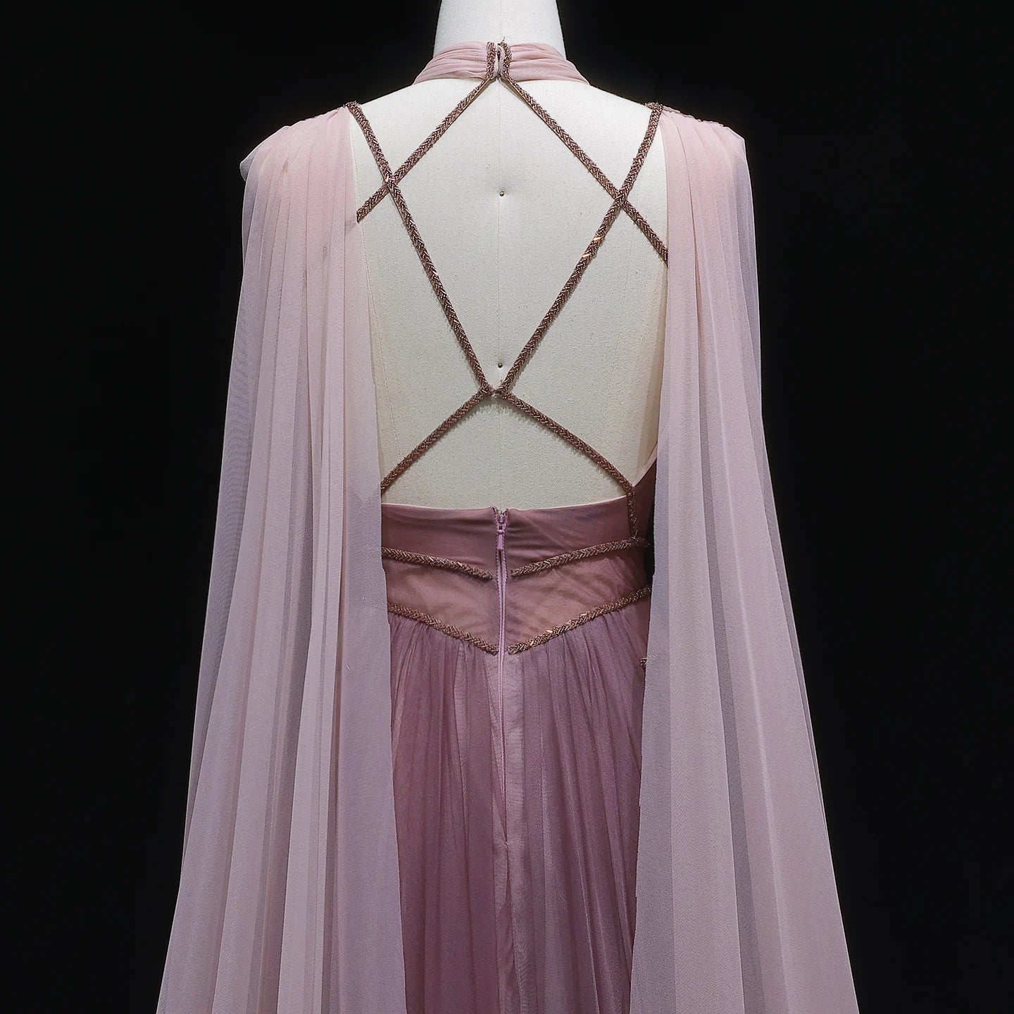 Ombré Pink Cape Sleeve Evening Gown — Criss-Cross Halter Backless — Riviera Couture GCC Luxury Evening Gown