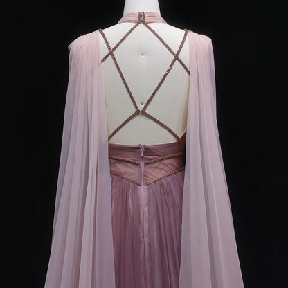 Ombré Pink Cape Sleeve Evening Gown — Criss-Cross Halter Backless — Riviera Couture GCC Luxury Evening Gown