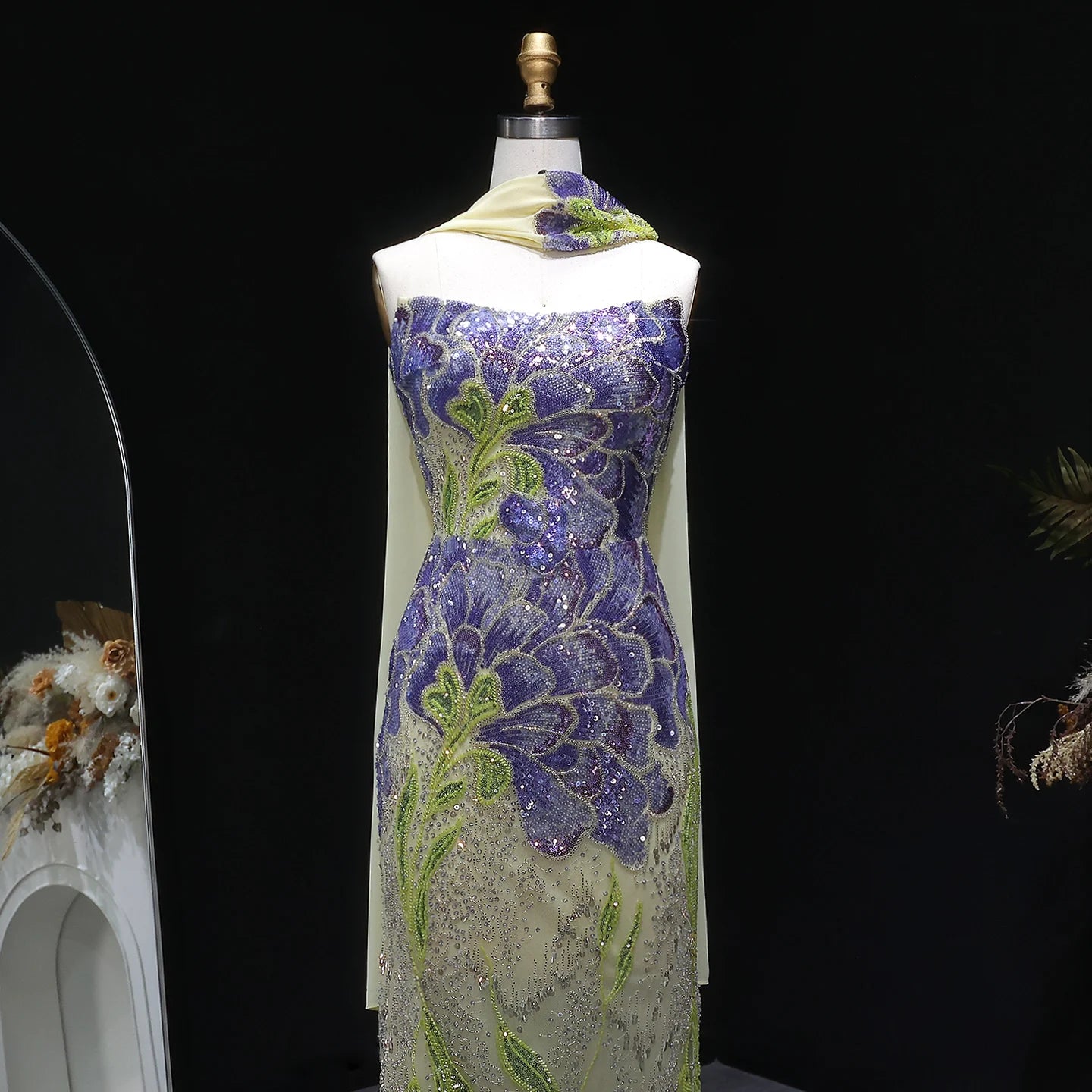 Fuchsia Green Beaded Sequined Mermaid Evening Gown with Scarf — GCC Luxury — Riviera Couture GCC Luxury Evening Gown