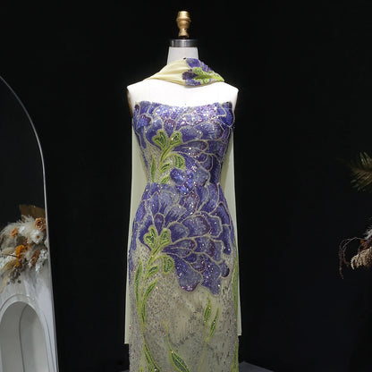 Fuchsia Green Beaded Sequined Mermaid Evening Gown with Scarf — GCC Luxury — Riviera Couture GCC Luxury Evening Gown