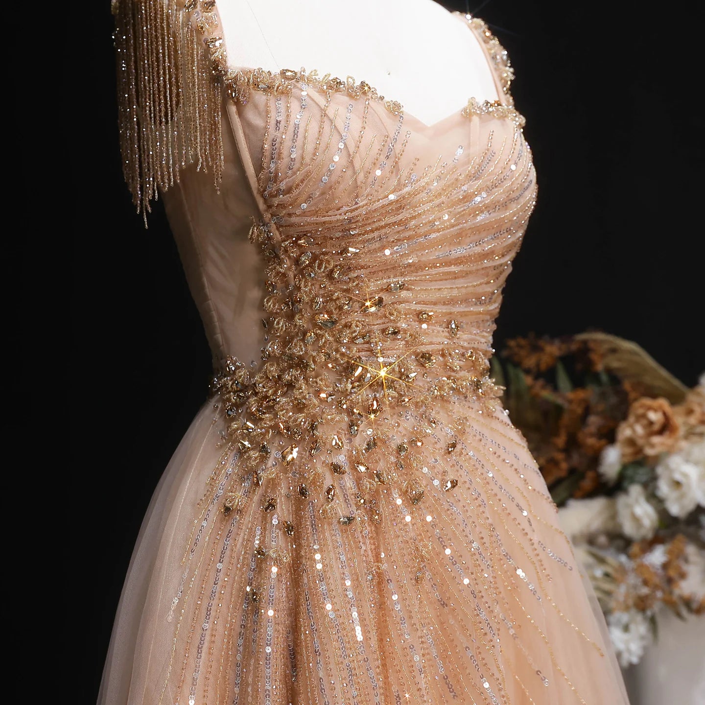A-Line Evening Gown — Tassel Beaded Crystal GCC Luxury 2026 — Riviera Couture GCC Luxury Evening Gown