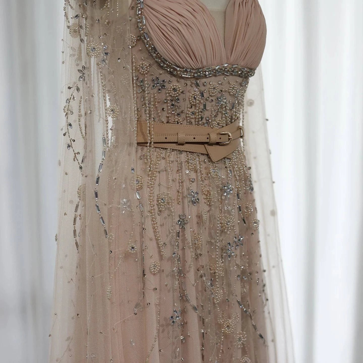 Beaded Champagne Dress with Belt - RC11 - Riviera Couture