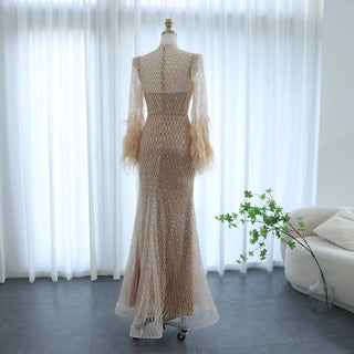 Feathers Nude Evening Dresses Long Sleeves With Elegant High Neck - Riviera Couture