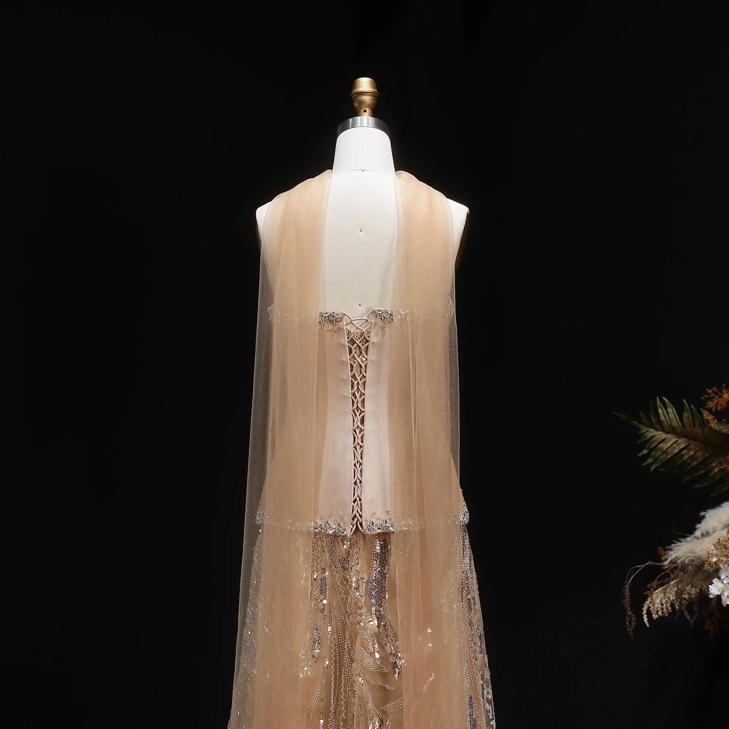 Champagne Beaded Sequined Evening Gown with Scarf — Luxury GCC Formal — Riviera Couture GCC Luxury Evening Gown