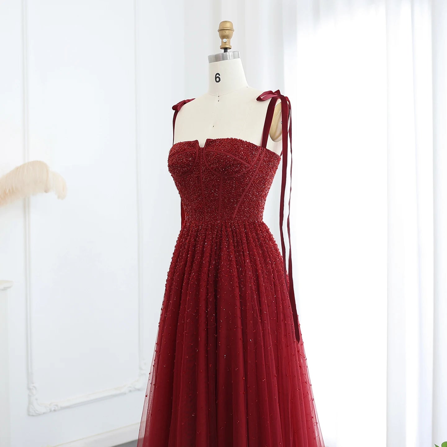 Burgundy Wine Red and Blush Pink Beaded Evening Gown with Straps — Dubai — Riviera Couture GCC Luxury Evening Gown