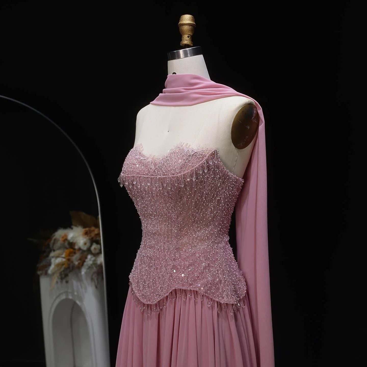 Pink Pink Draped A-Line Evening Gown with Scarf — Beaded GCC Luxury — Riviera Couture GCC Luxury Evening Gown