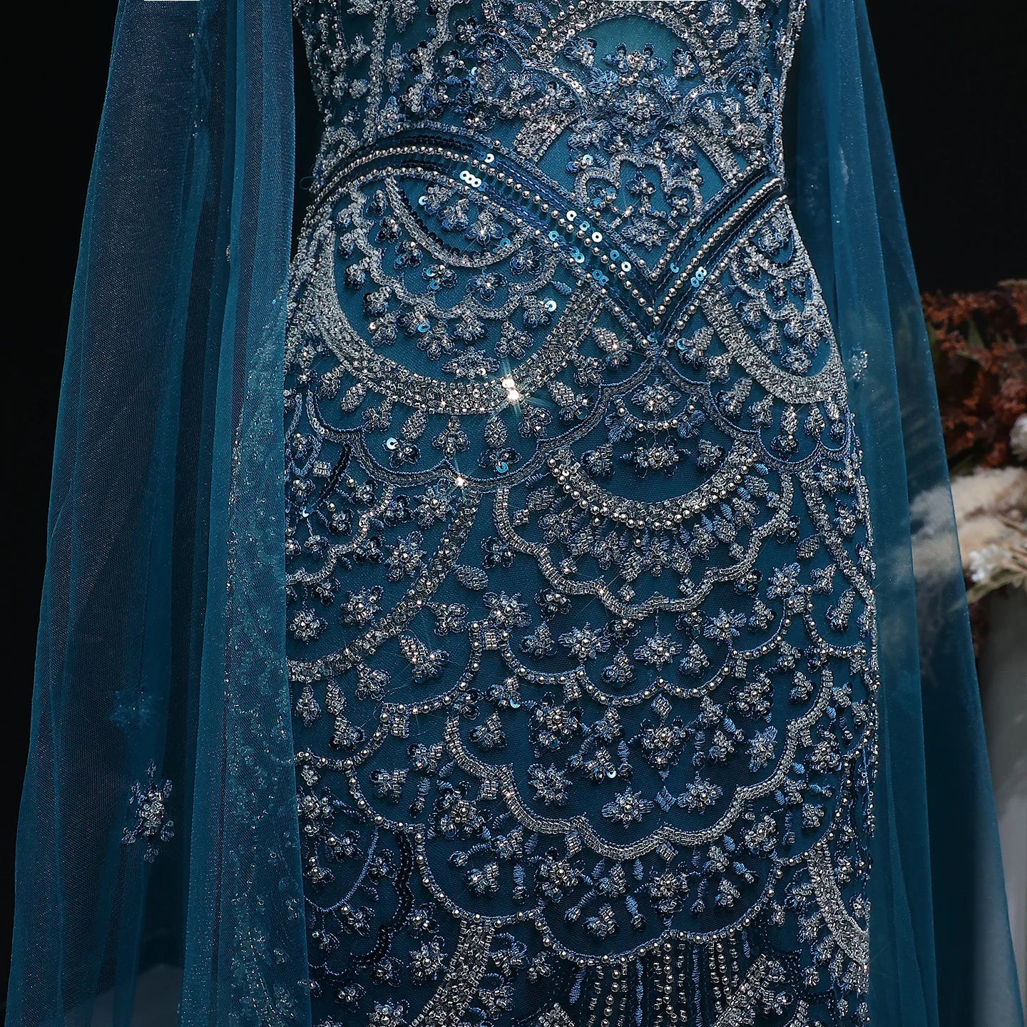 Teal Plus Size Beaded Mermaid Evening Gown with Cape — GCC Luxury Formal — Riviera Couture GCC Luxury Evening Gown