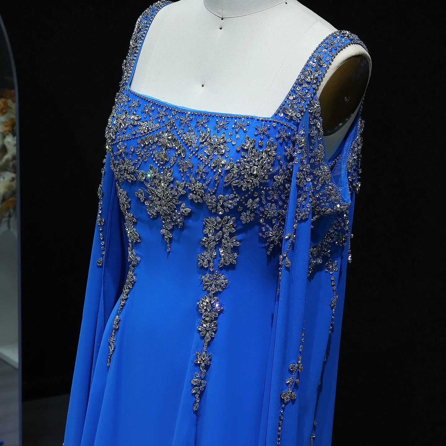 Blue Blue Crystal Evening Gown with Flowing Cape Sleeve — Arabic Luxury — Riviera Couture GCC Luxury Evening Gown