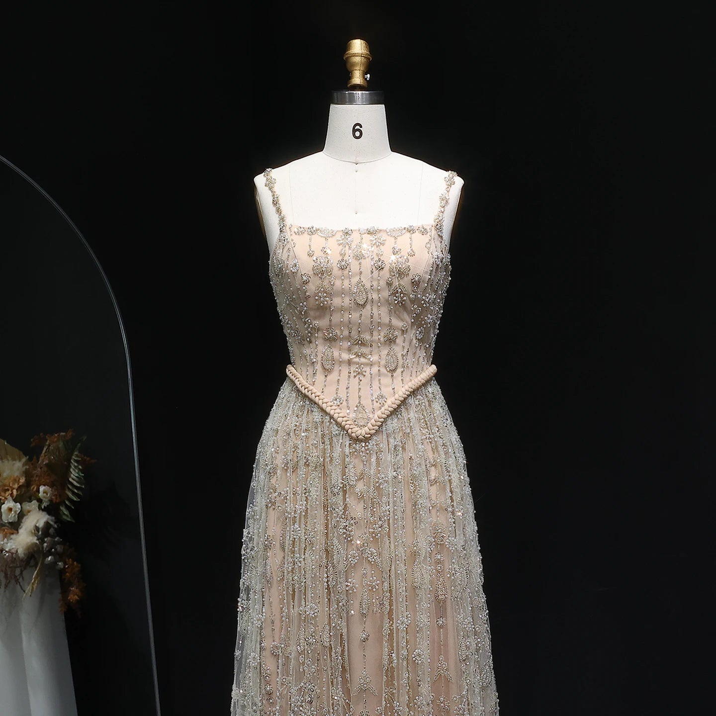 Burgundy Sage Green Spaghetti Strap Evening Gown — Arabic Luxury 2026 — Riviera Couture GCC Luxury Evening Gown
