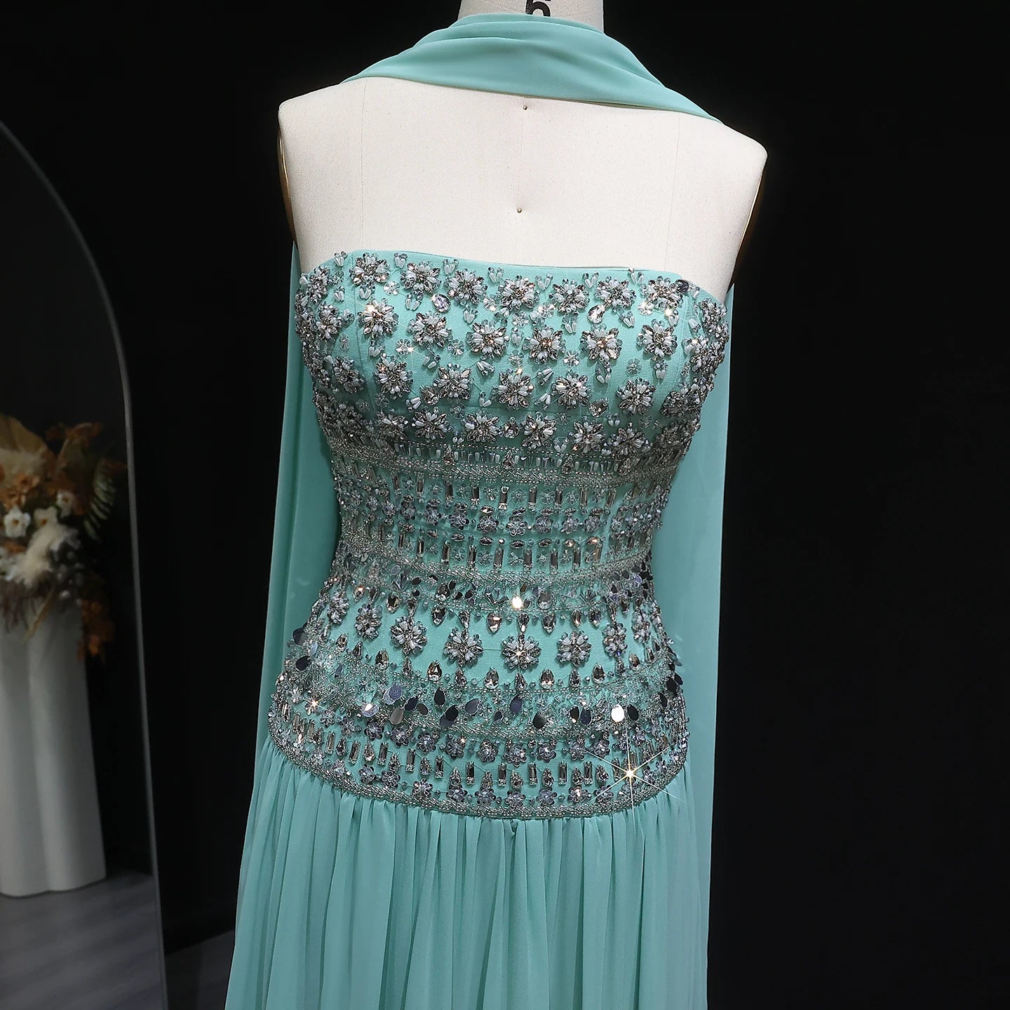 Turquoise Lilac Beaded Strapless Evening Gown with Flowing Chiffon Skirt — Riviera Couture GCC Luxury Evening Gown