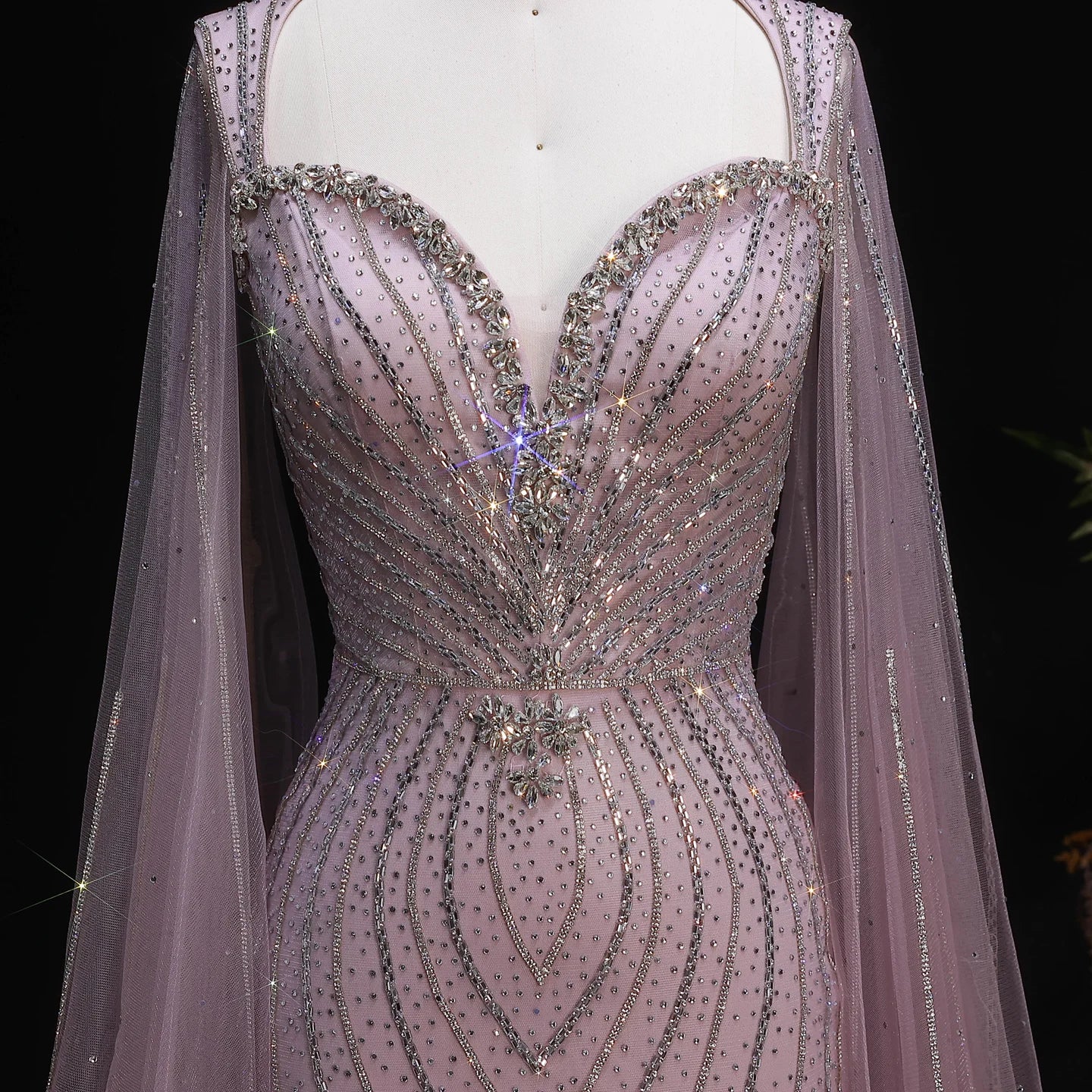 Champagne Beaded Mermaid Evening Gown with Cape Sleeves — Dubai Arabic Formal — Riviera Couture GCC Luxury Evening Gown