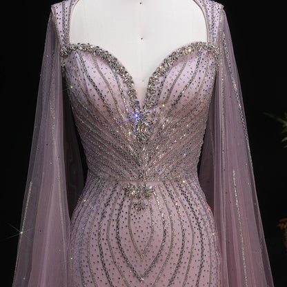 Champagne Beaded Mermaid Evening Gown with Cape Sleeves — Dubai Arabic Formal — Riviera Couture GCC Luxury Evening Gown
