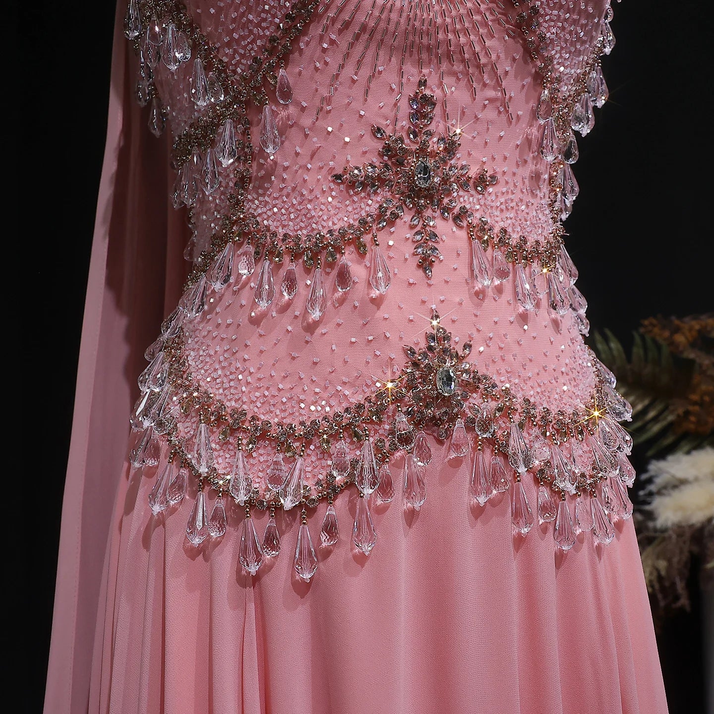 Silver Gold Silver Gold Cape Sleeve Evening Gown — Crystal Beaded Blush Pink — Riviera Couture GCC Luxury Evening Gown
