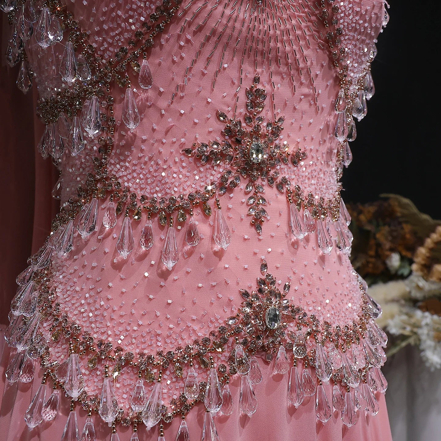 Silver Gold Silver Gold Cape Sleeve Evening Gown — Crystal Beaded Blush Pink — Riviera Couture GCC Luxury Evening Gown