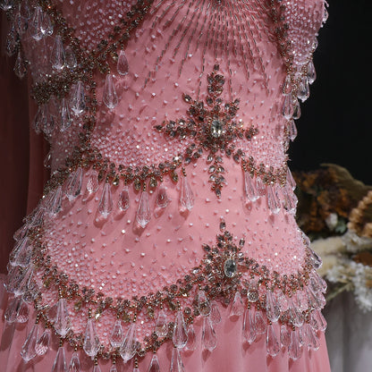 Silver Gold Silver Gold Cape Sleeve Evening Gown — Crystal Beaded Blush Pink — Riviera Couture GCC Luxury Evening Gown