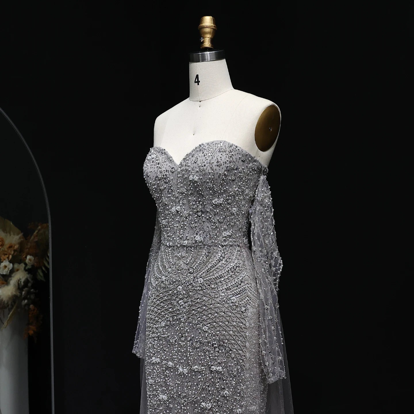 Wine Red Gray Dubai Evening Gown with Cape — Long Sleeve Detachable Overskirt — Riviera Couture GCC Luxury Evening Gown