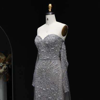 Wine Red Gray Dubai Evening Gown with Cape — Long Sleeve Detachable Overskirt — Riviera Couture GCC Luxury Evening Gown