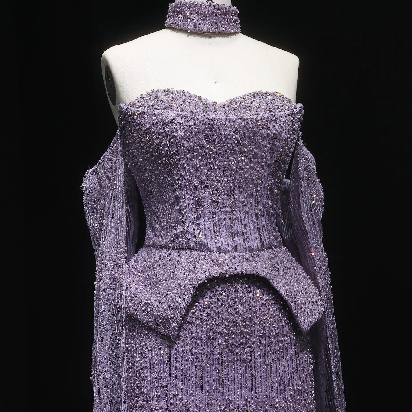 Lilac Grey Crystal Off-Shoulder Evening Gown with Cape Sleeves — 2026 — Riviera Couture GCC Luxury Evening Gown