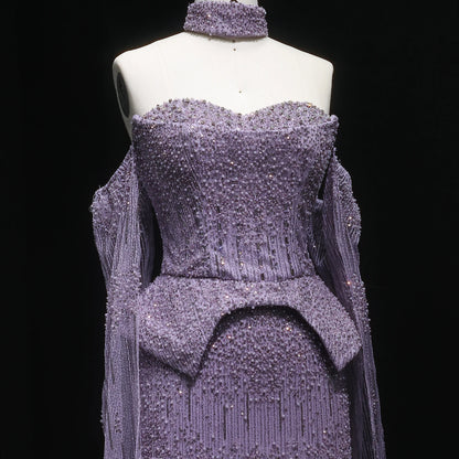 Lilac Grey Crystal Off-Shoulder Evening Gown with Cape Sleeves — 2026 — Riviera Couture GCC Luxury Evening Gown