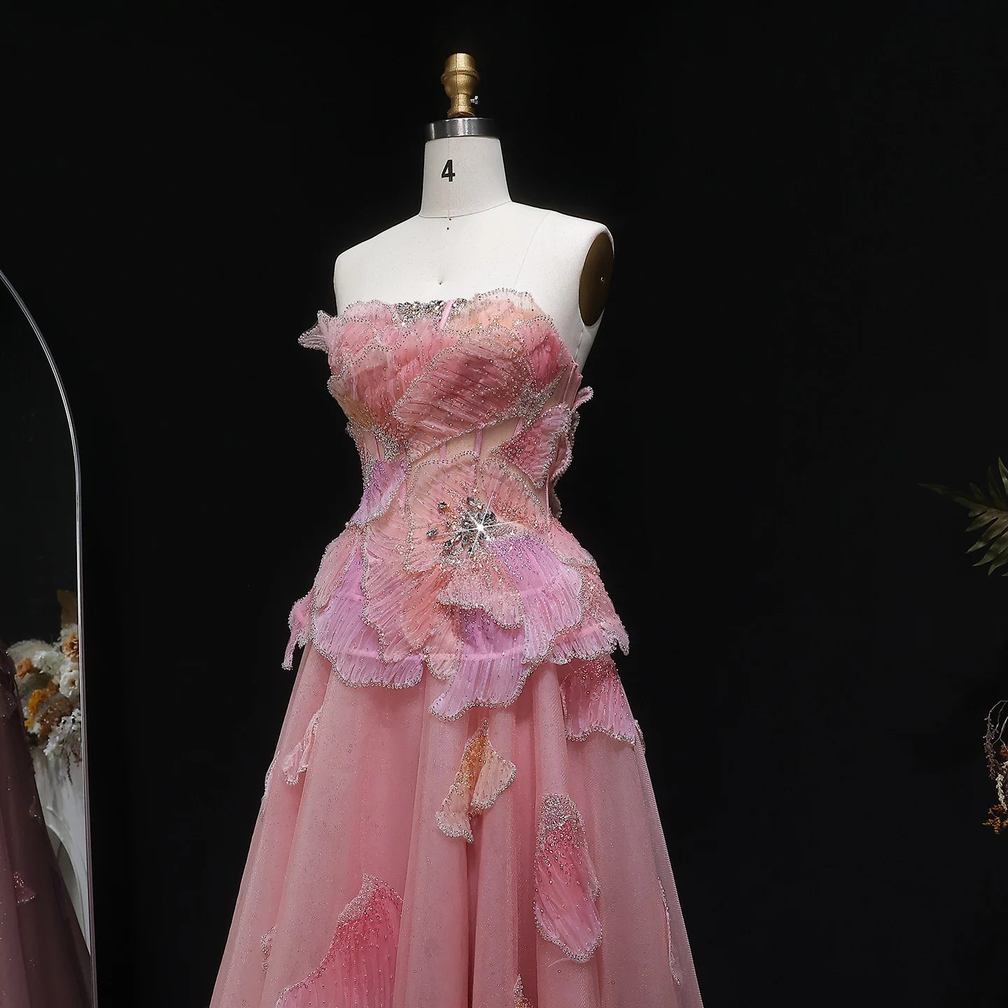 Pink Pink Strapless A-Line Evening Gown — 3D Flowers Crystal Beaded — Riviera Couture GCC Luxury Evening Gown