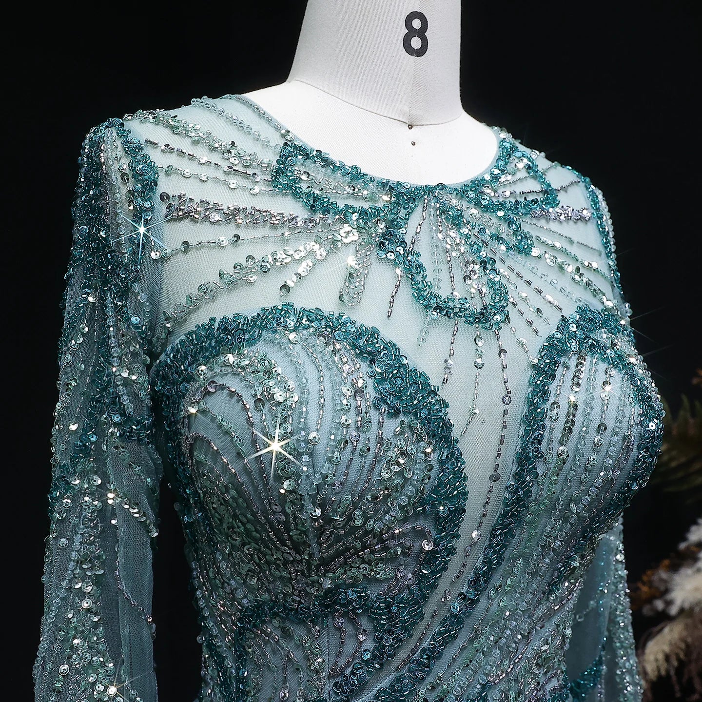 Green Beaded Long Sleeve Evening Gown with Overskirt and Side Slit — Riviera Couture GCC Luxury Evening Gown