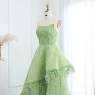 Feather 3D Floral Lime Green Evening Dress - Riviera Couture