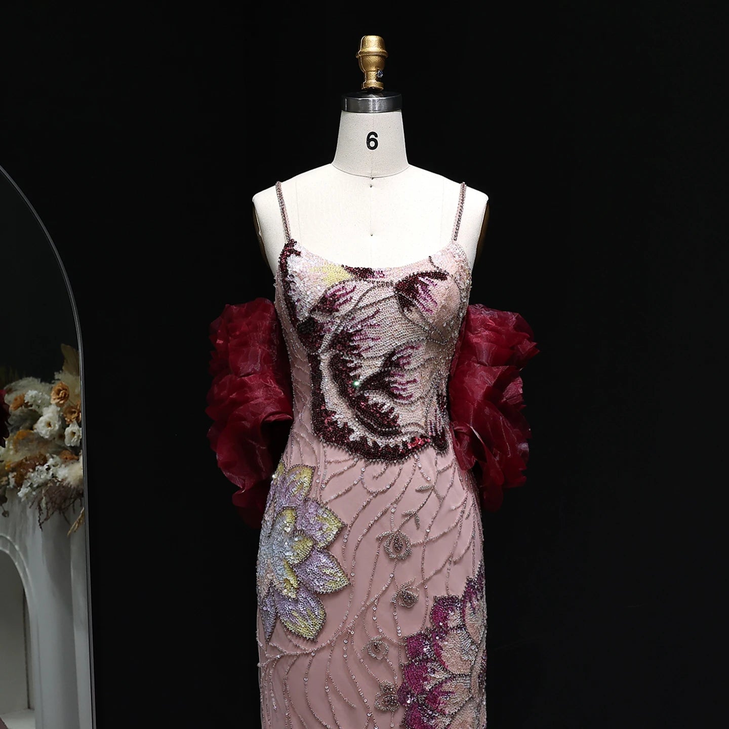 Pink Pink Floral Beaded Evening Gown with Burgundy Cape — GCC Luxury — Riviera Couture GCC Luxury Evening Gown