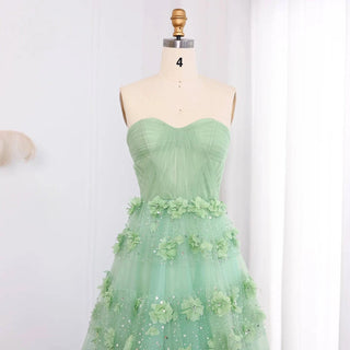 Sage Green 3D Flowers Evening Dress with Cape - Riviera Couture