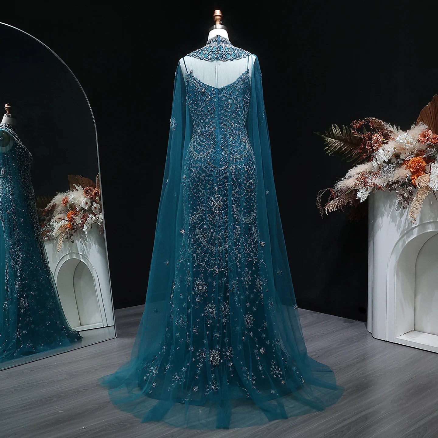 Teal Plus Size Beaded Mermaid Evening Gown with Cape — GCC Luxury Formal — Riviera Couture GCC Luxury Evening Gown