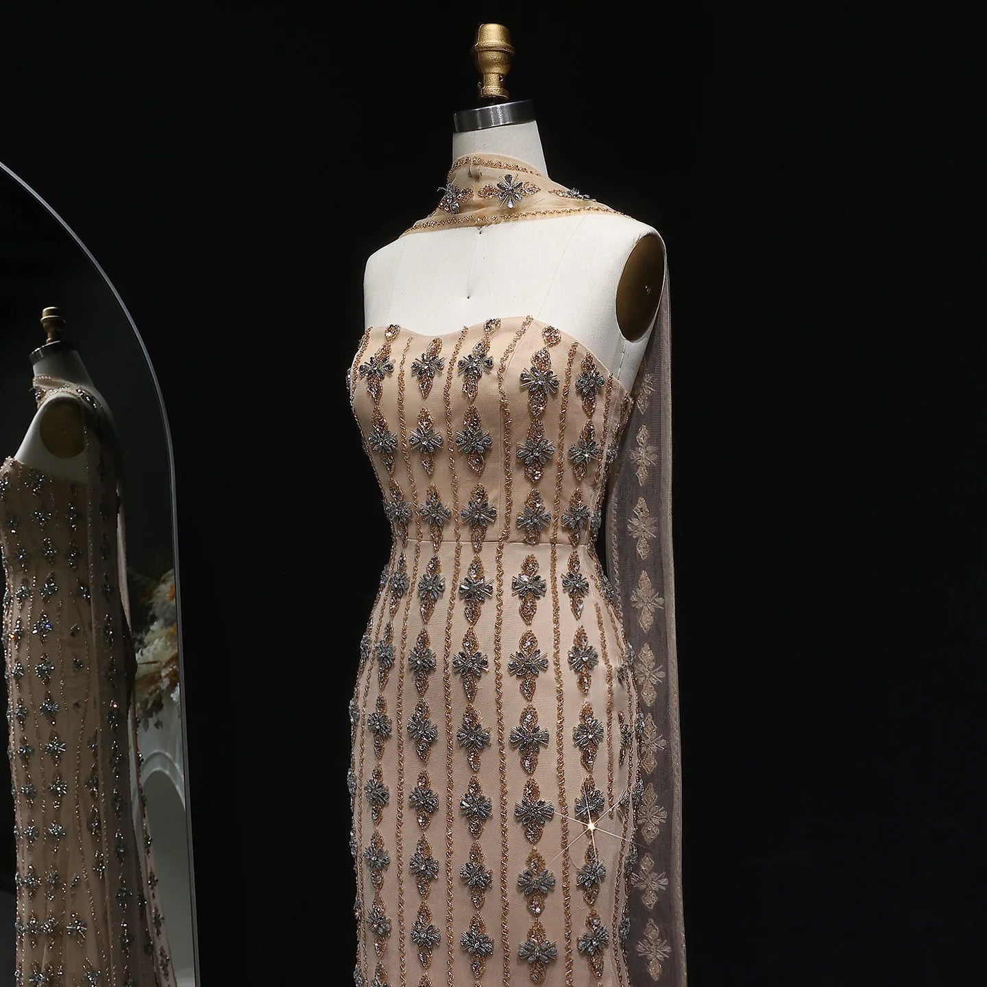 Nude Nude Beaded Strapless Evening Gown with Scarf — Dubai Arabic Luxury — Riviera Couture GCC Luxury Evening Gown