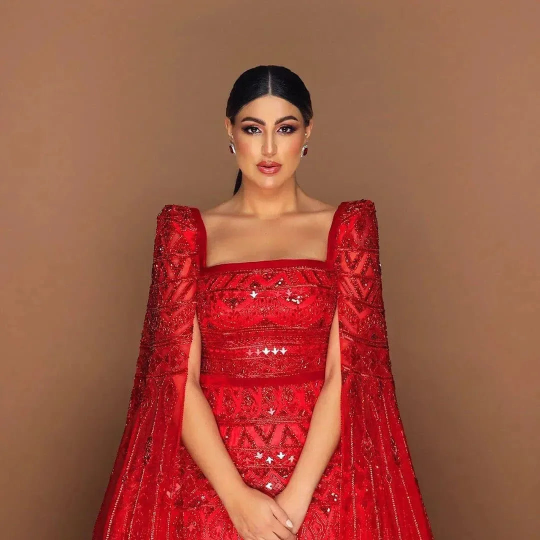 Gold Wine Red Burgundy Evening Gown with Cape Sleeve — Arabic Luxury 2026 — Riviera Couture GCC Luxury Evening Gown