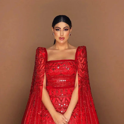 Gold Wine Red Burgundy Evening Gown with Cape Sleeve — Arabic Luxury 2026 — Riviera Couture GCC Luxury Evening Gown