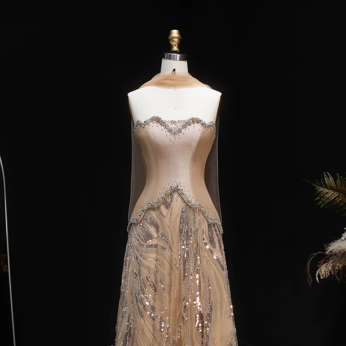 Champagne Beaded Sequined Evening Gown with Scarf — Luxury GCC Formal — Riviera Couture GCC Luxury Evening Gown