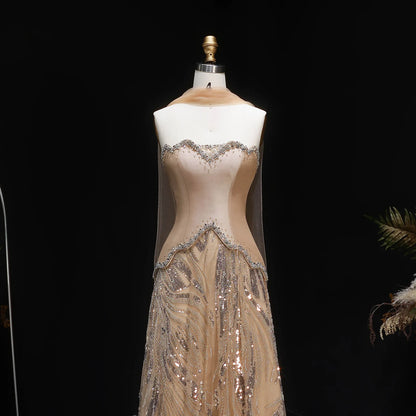 Champagne Beaded Sequined Evening Gown with Scarf — Luxury GCC Formal — Riviera Couture GCC Luxury Evening Gown