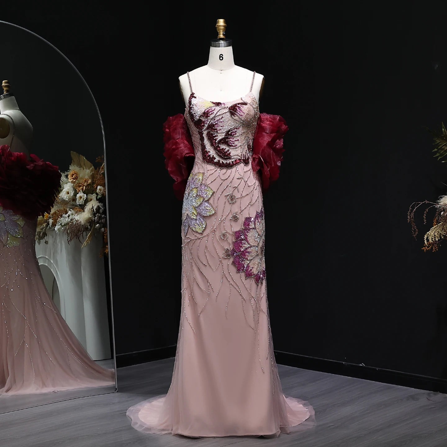 Pink Pink Floral Beaded Evening Gown with Burgundy Cape — GCC Luxury — Riviera Couture GCC Luxury Evening Gown