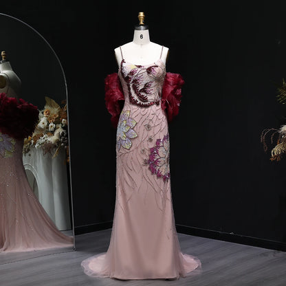 Pink Pink Floral Beaded Evening Gown with Burgundy Cape — GCC Luxury — Riviera Couture GCC Luxury Evening Gown