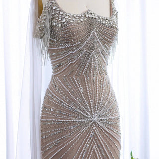 Silver Nude Gown with Tassels and Crystals - Riviera Couture