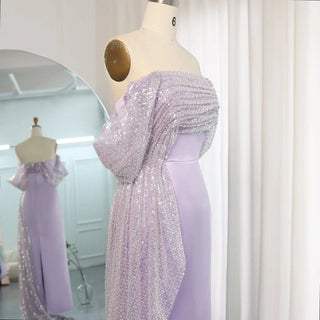 Elegant Off Shoulder Lilac Evening Dress with Overskirt - Riviera Couture