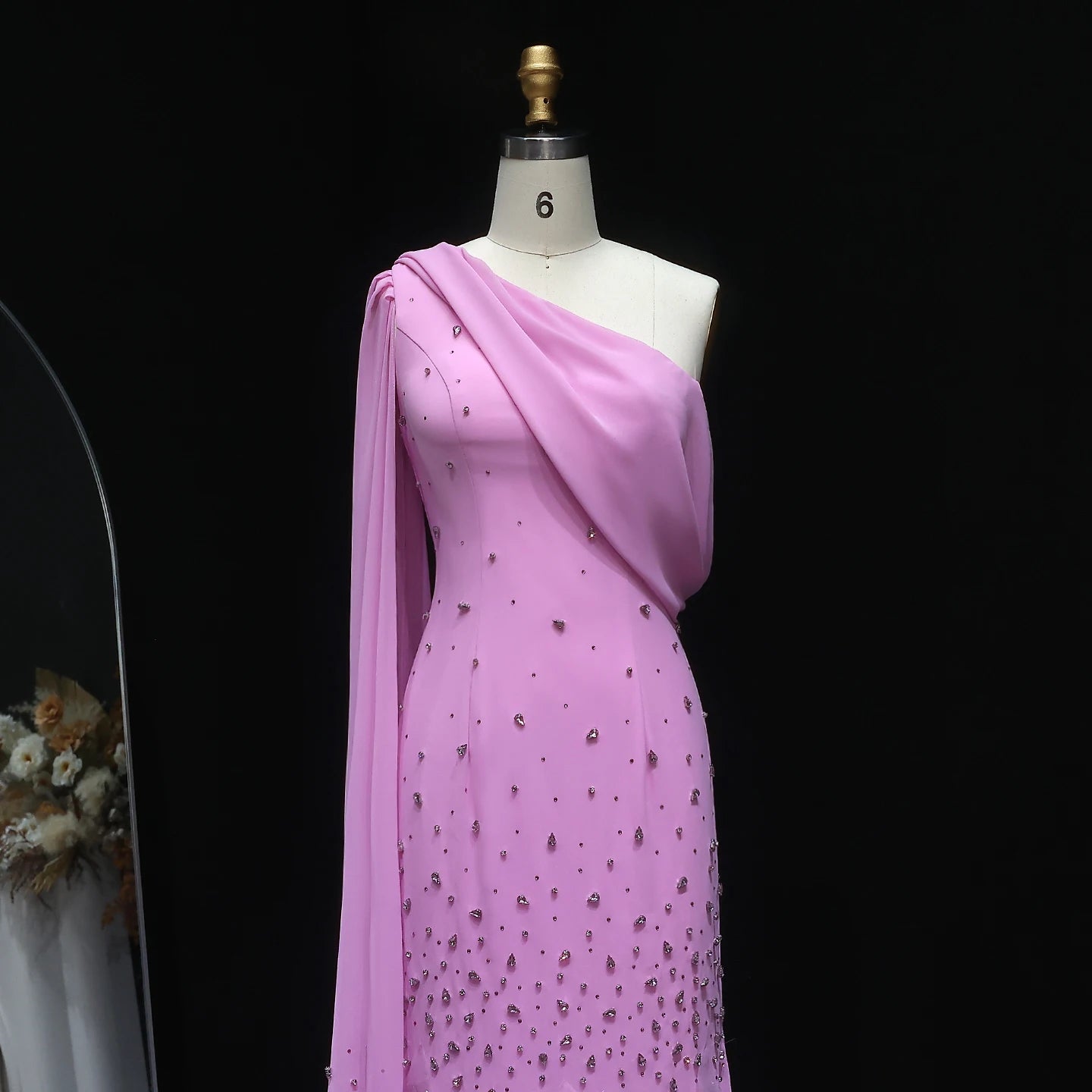 Yellow Modest One-Shoulder Mermaid Evening Gown — 3D Leaves Crystal Cape — Riviera Couture GCC Luxury Evening Gown